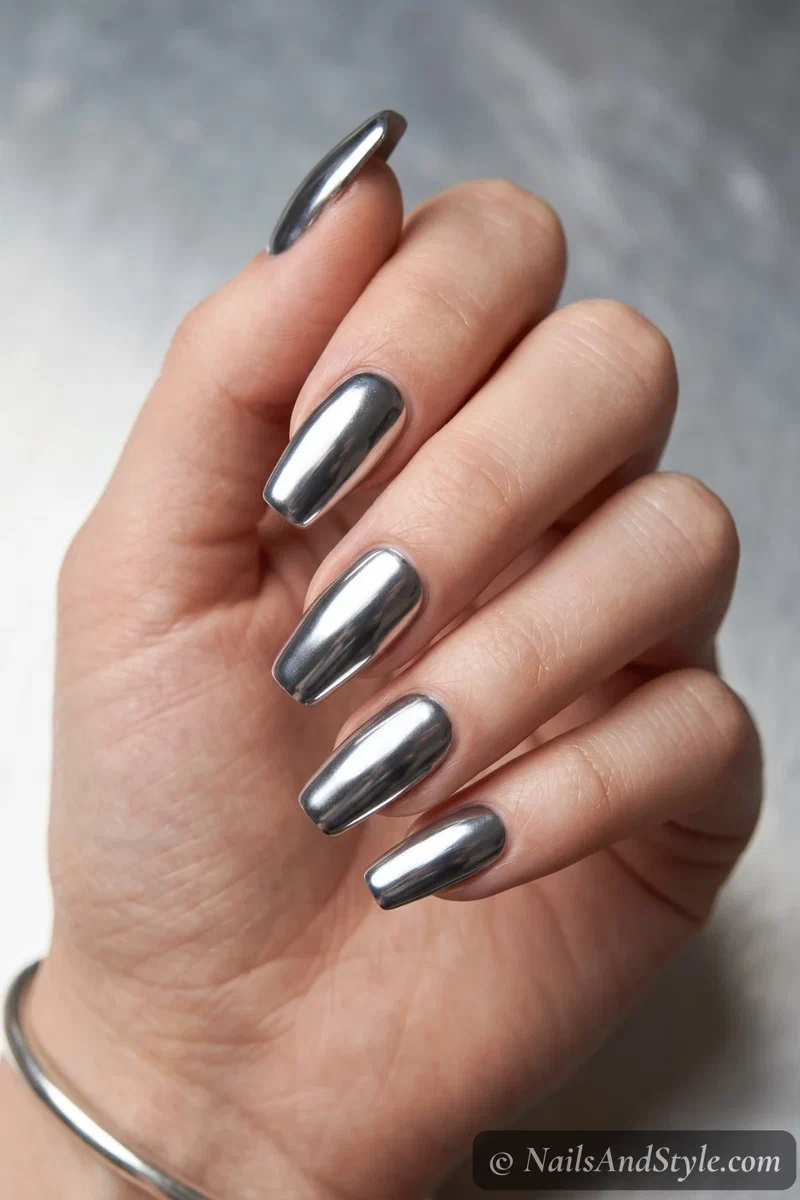 Silver chrome mirror nails over a black base