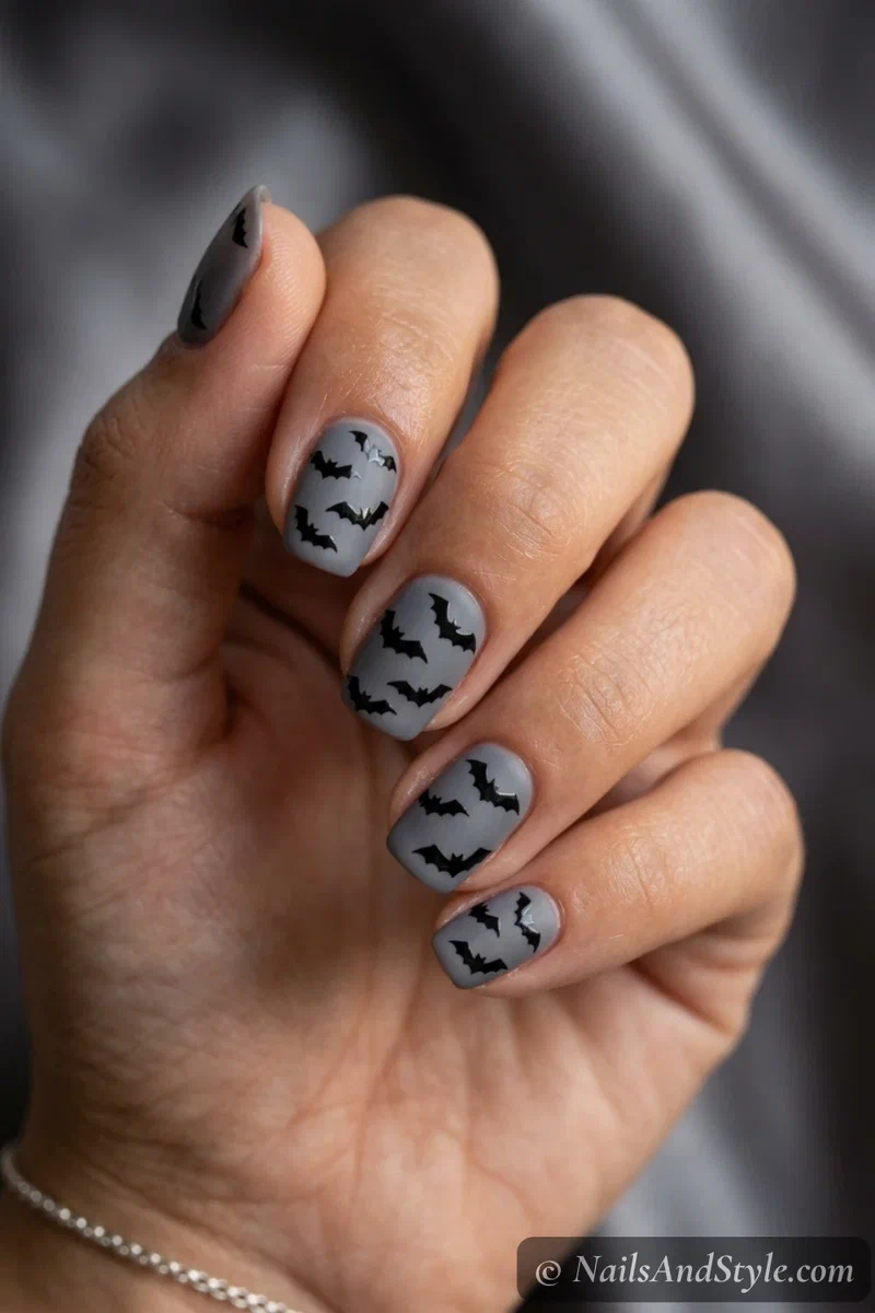 Smoky grey nails with small scattered black bat silhouettes