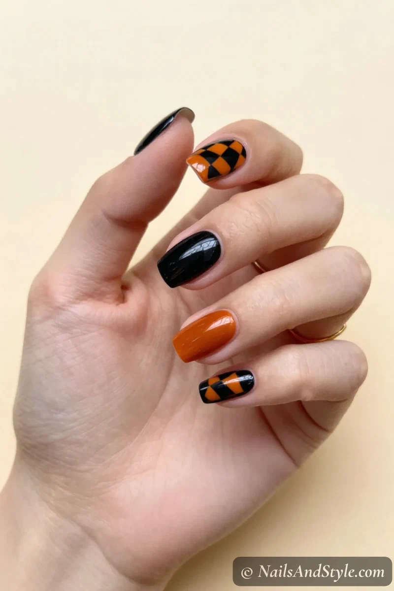 Nails with a black and orange checkerboard pattern on accent nails
