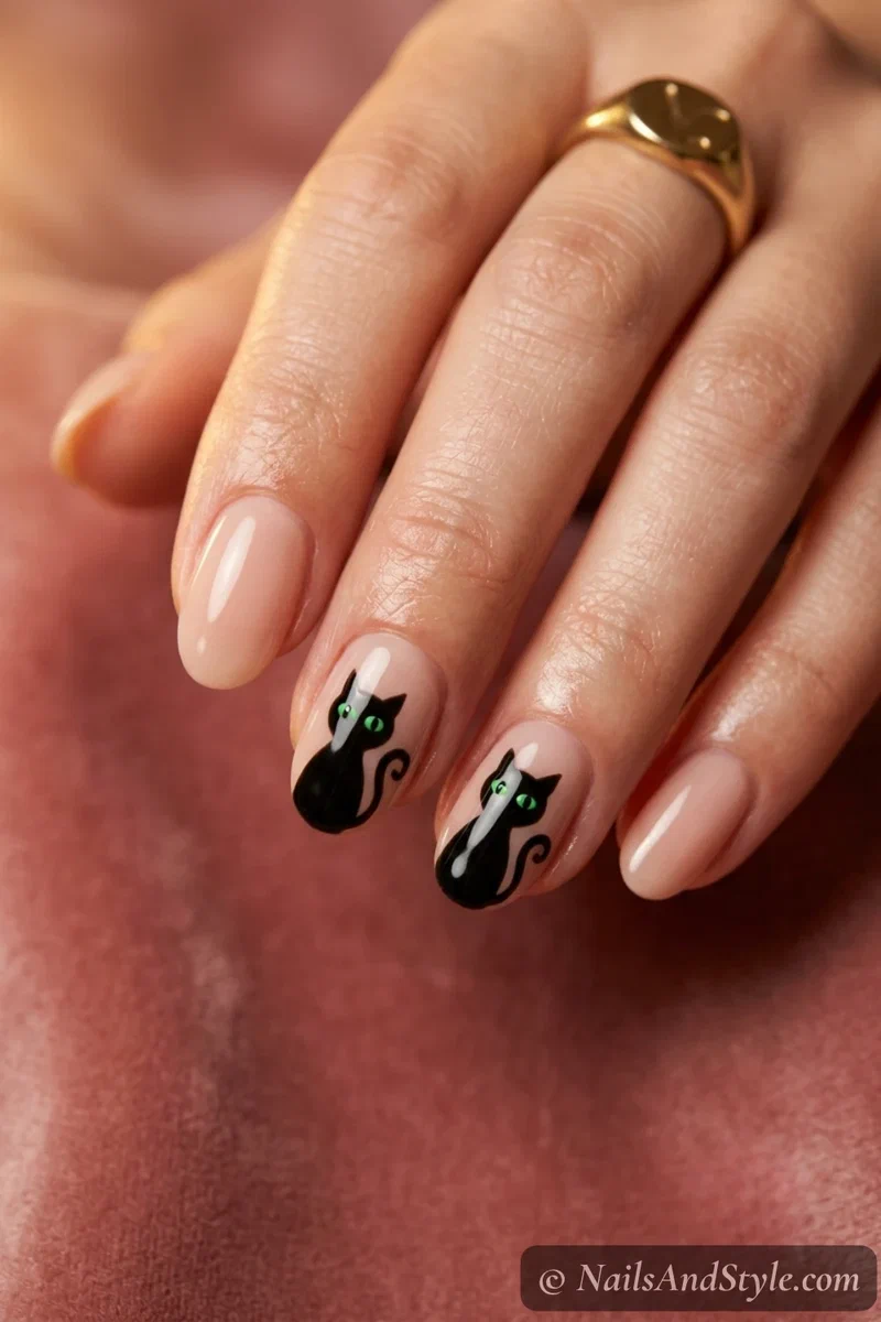 Nude nails with black cat silhouettes and tiny green dot eyes