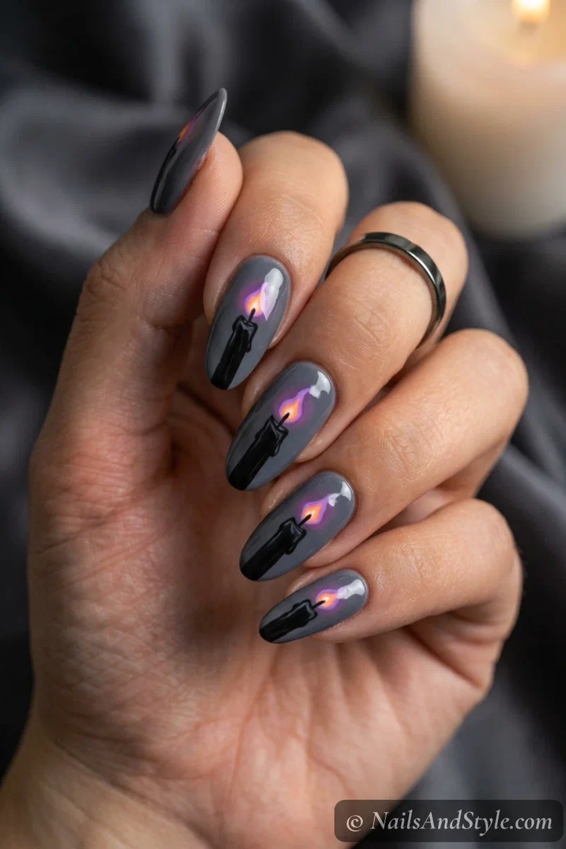 Grey nails with a tall black candle and a glowing purple and orange flame