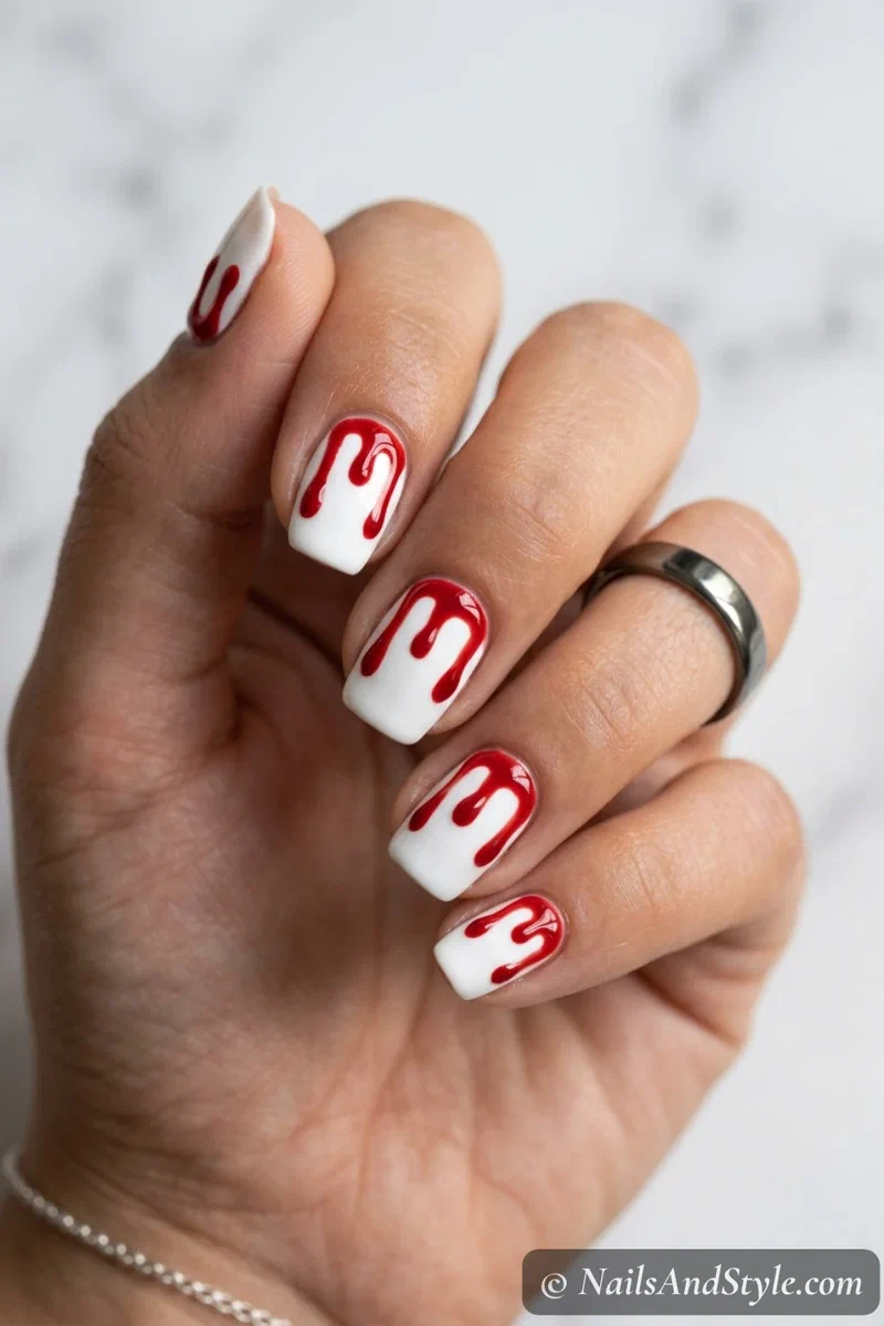 White nails with glossy bright red blood drips running down from the cuticle