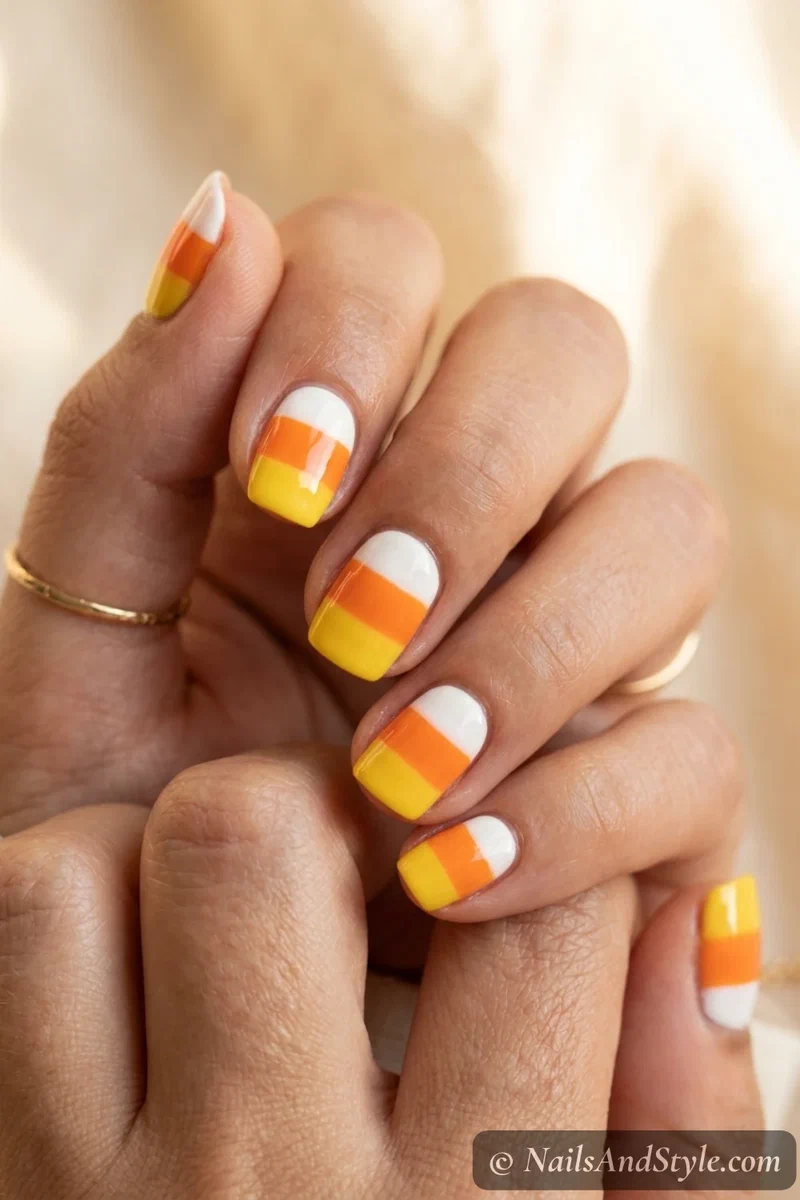Nails painted in candy corn stripes of white tips, orange middles, and yellow bases