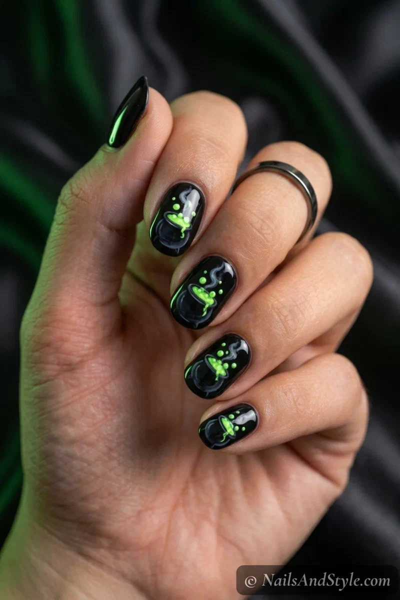 Black nails with a small cauldron and glowing lime green bubbling potion