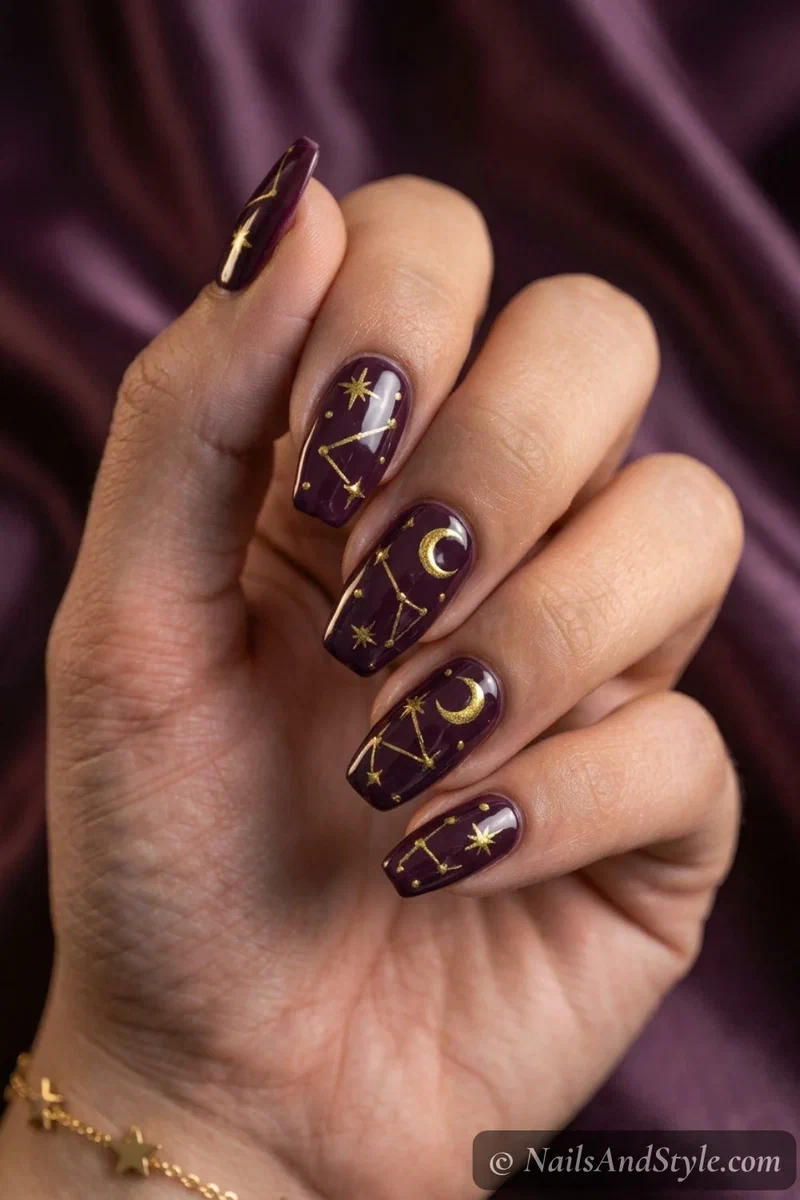 Deep plum nails with gold stars, constellation lines, and a crescent moon
