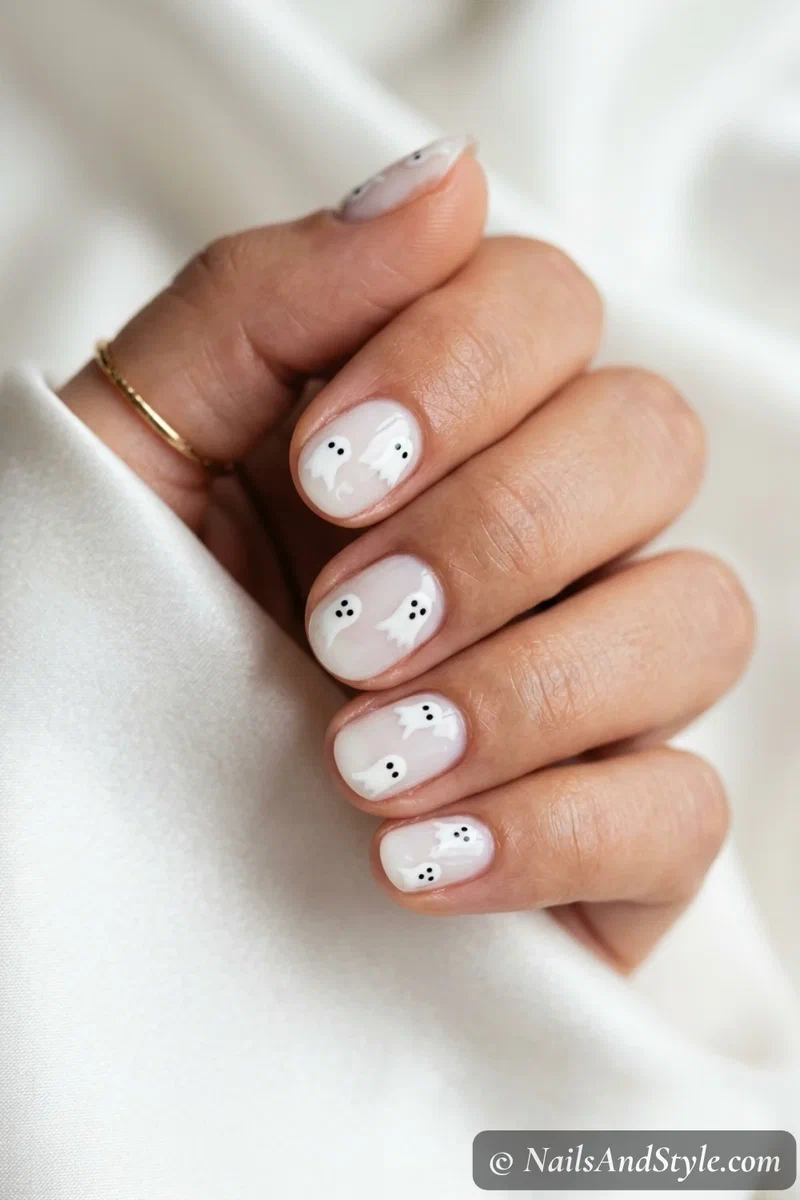Milky white nails with small white cartoon ghosts and tiny black dot eyes
