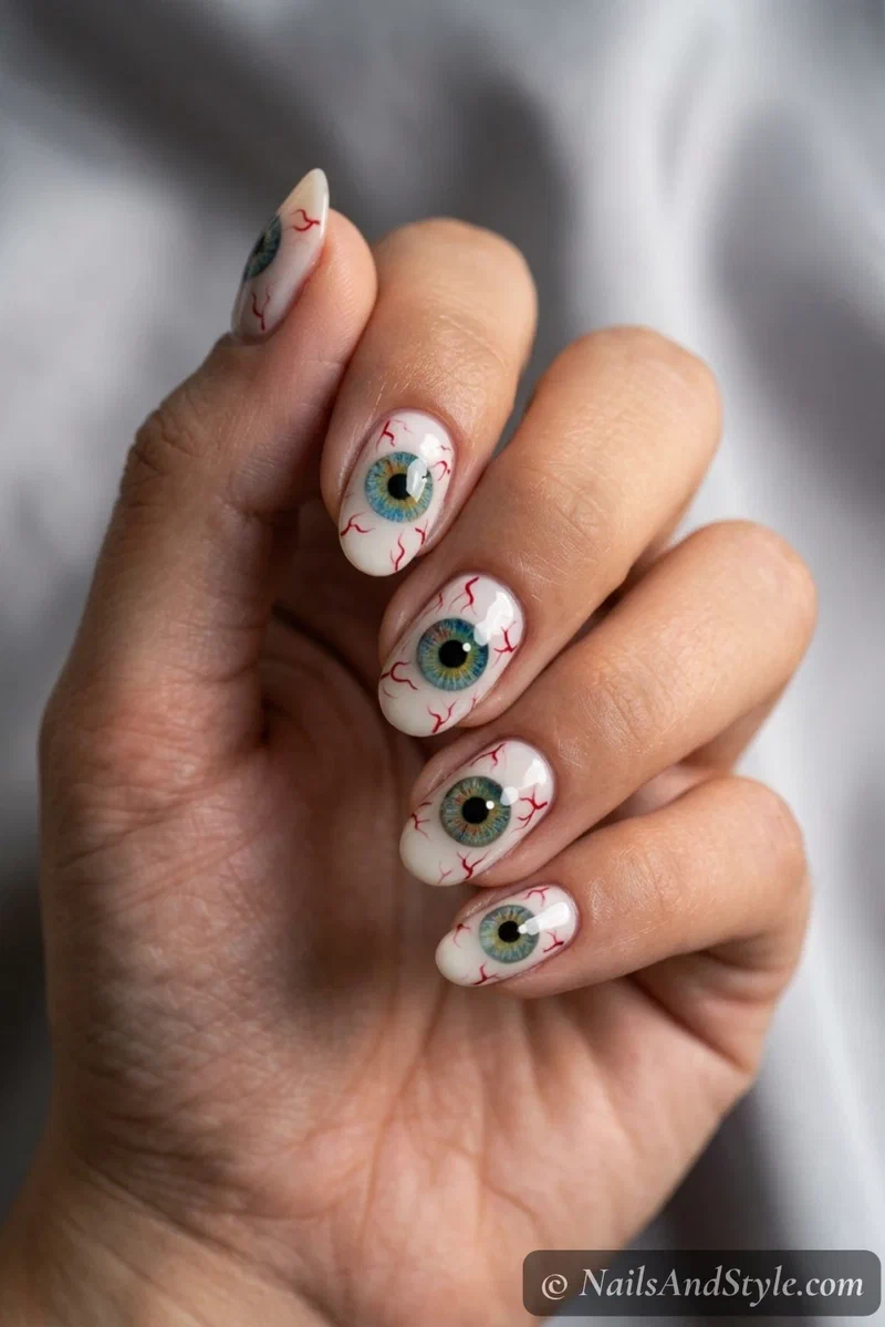 Pale nails with a detailed staring eyeball on an accent nail with red veins