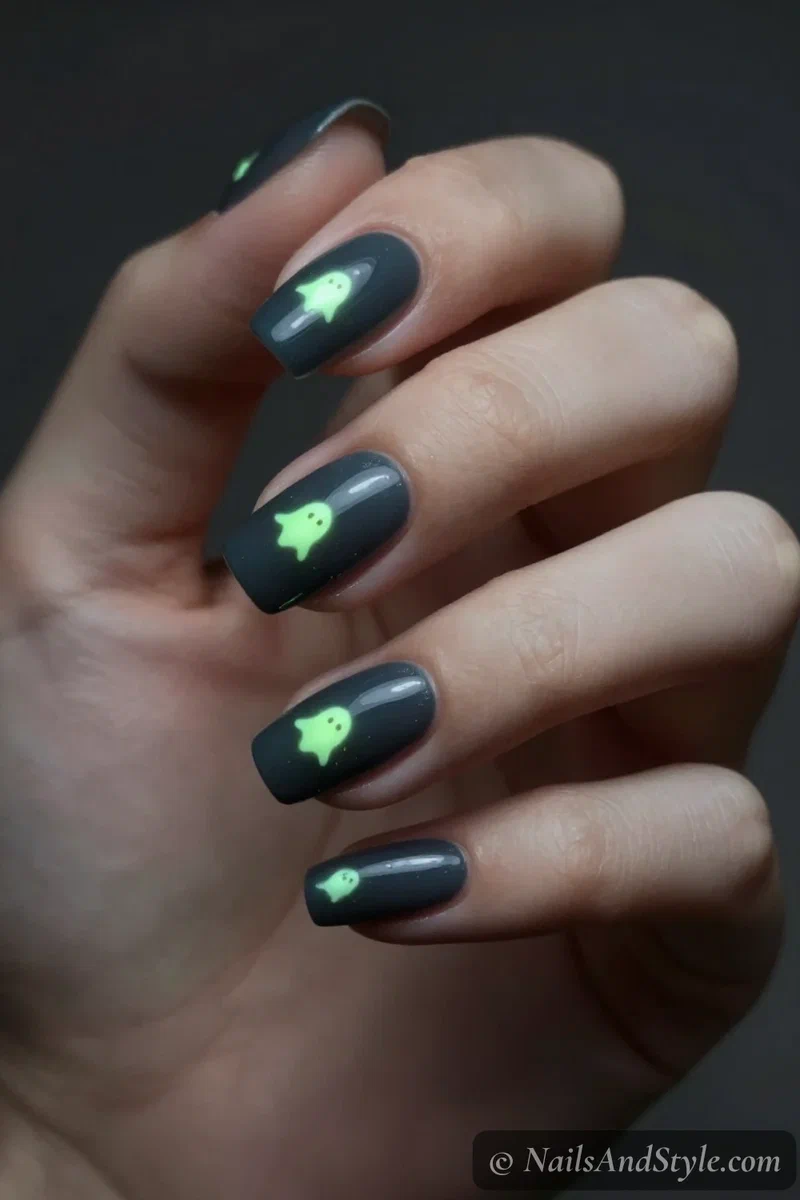 Dark nails with ghost designs that glow pale green in the dark