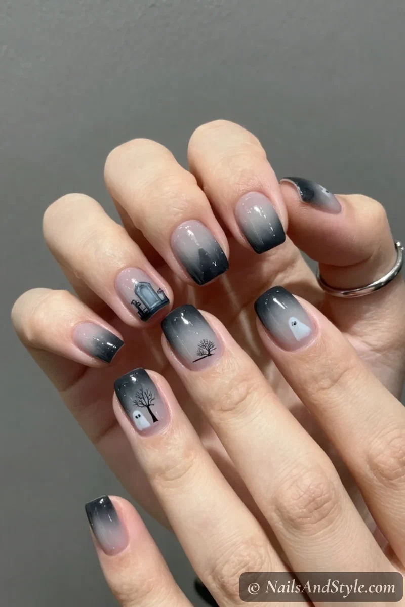 Foggy grey nails with grey tombstones, a bare tree, and small ghosts along the bottom