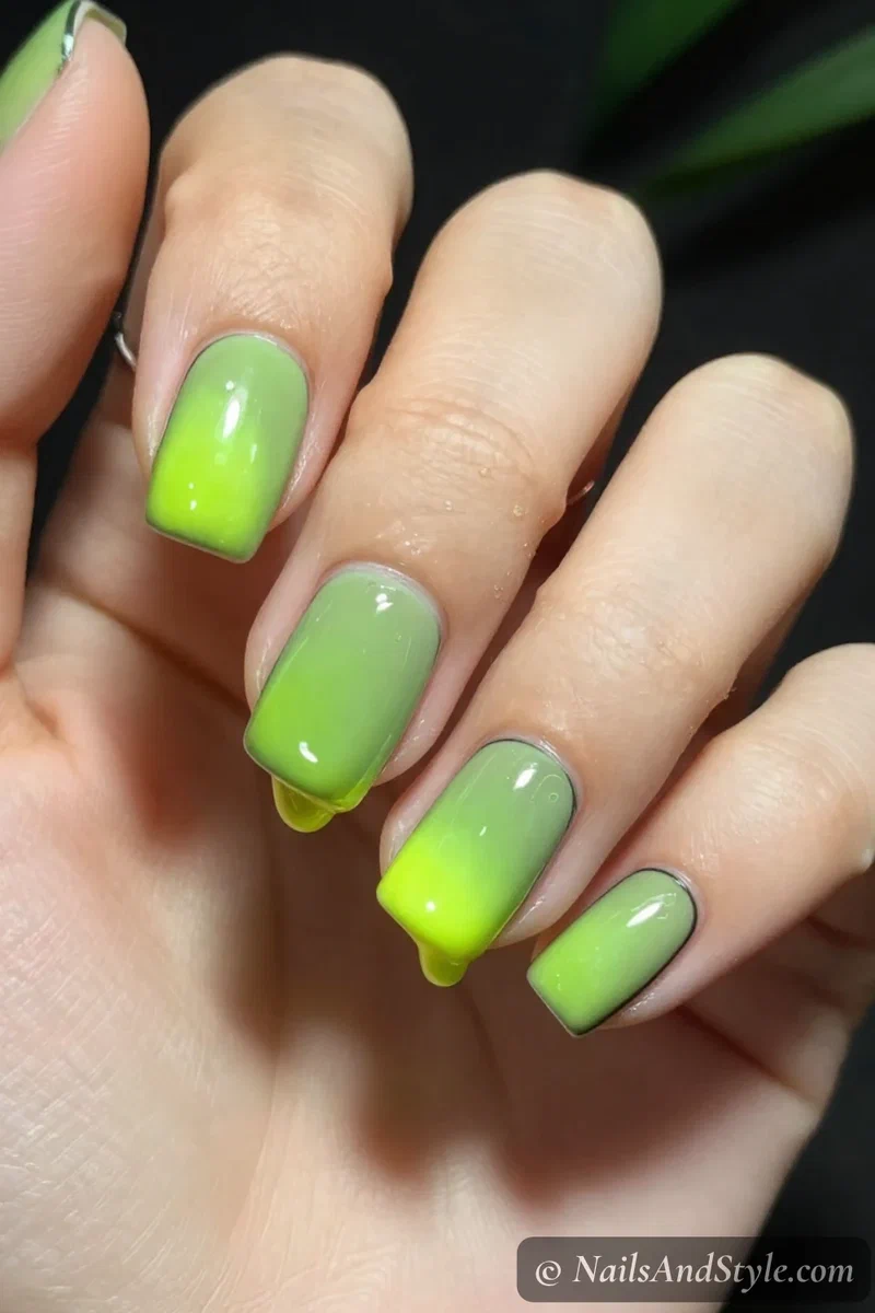 Black nails with neon lime green slime dripping down from the cuticle