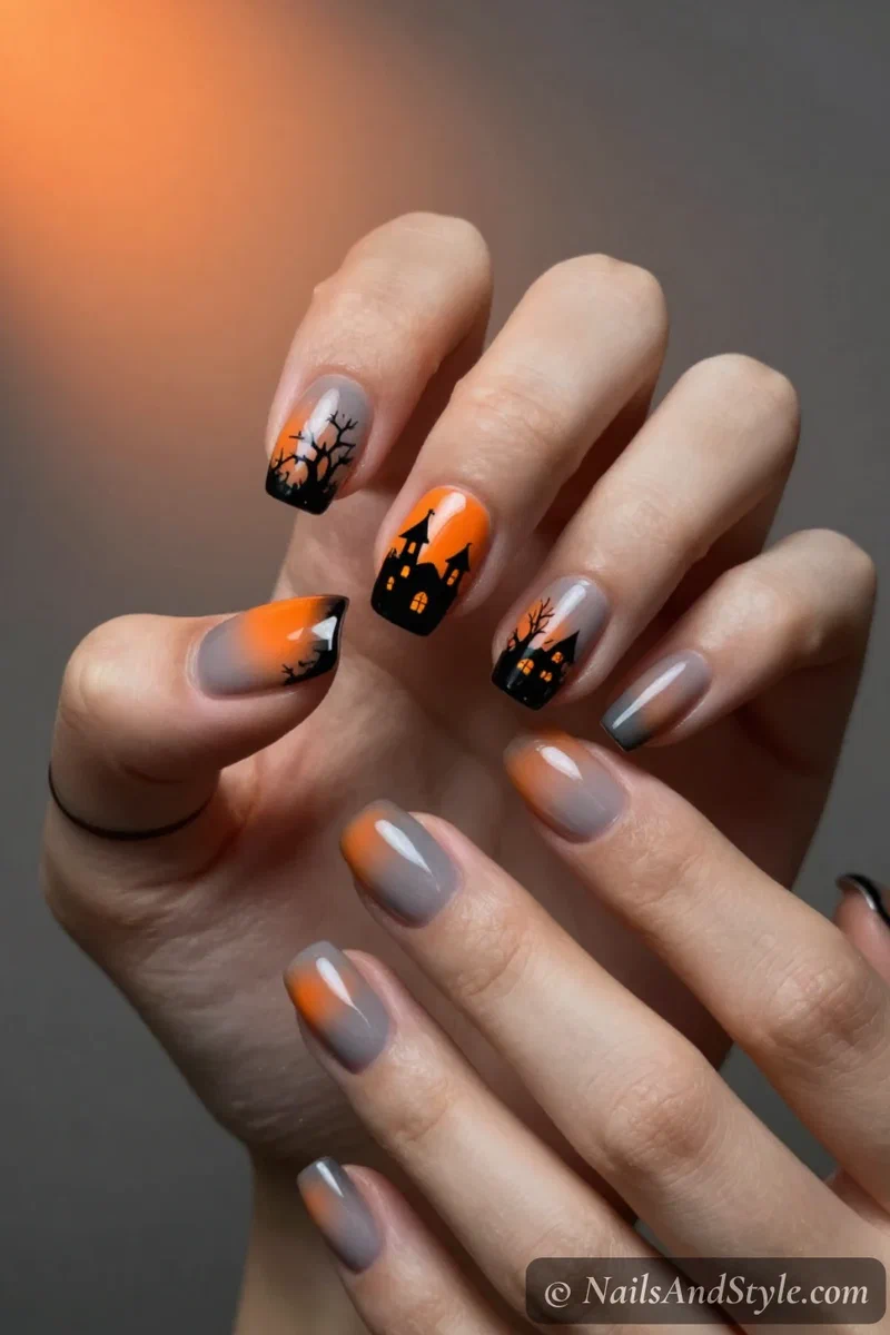 Orange gradient accent nail with a black haunted house silhouette and glowing windows