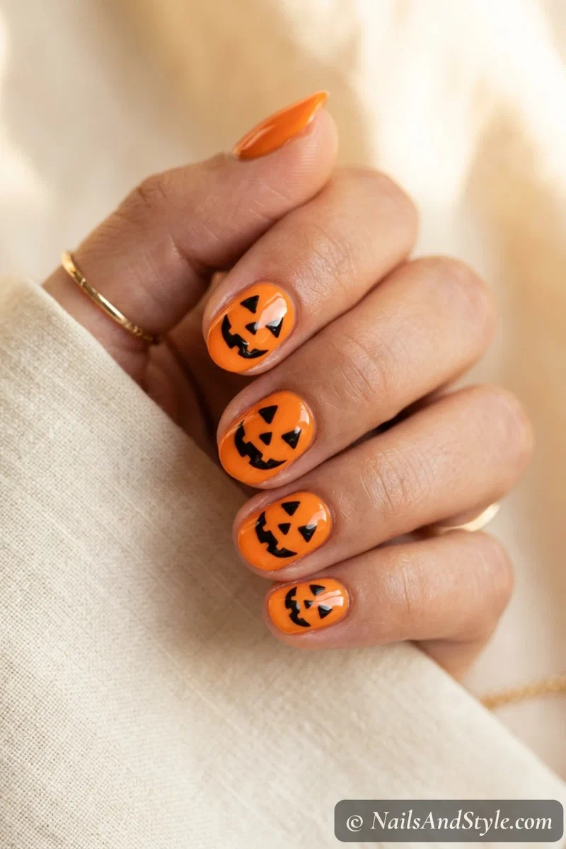 Glossy orange nails with black carved jack-o'-lantern faces with triangle eyes and toothy grins