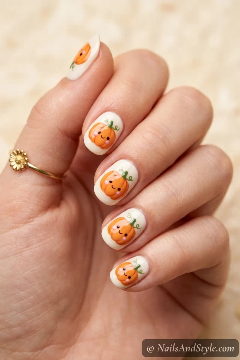 Cream nails with small round smiling orange pumpkins with pink cheeks and green stems