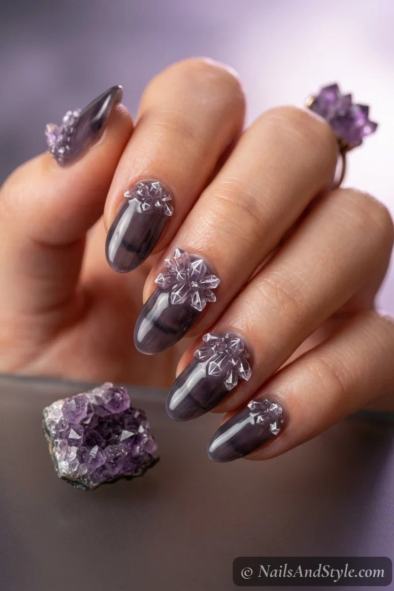 Smoky nails with amethyst purple crystal clusters growing from the cuticle
