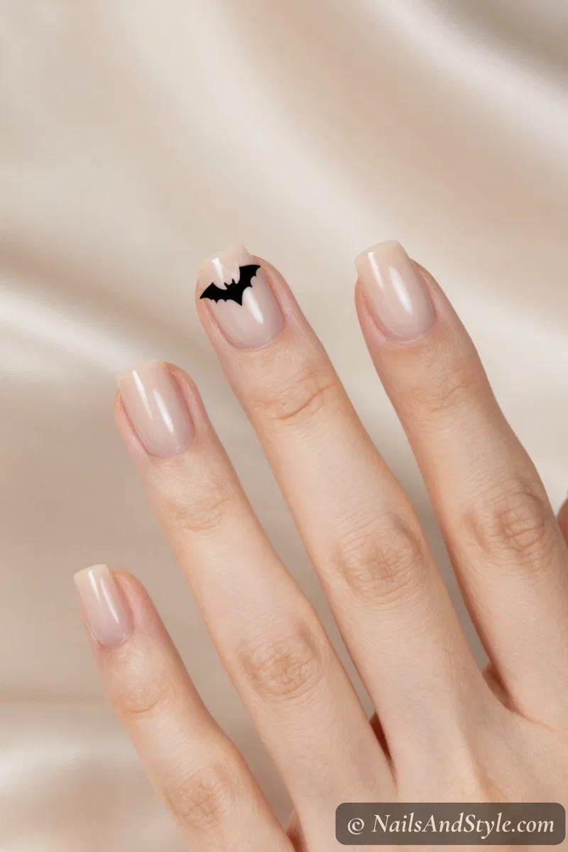 Milky nude nails with one tiny black bat on a single accent nail