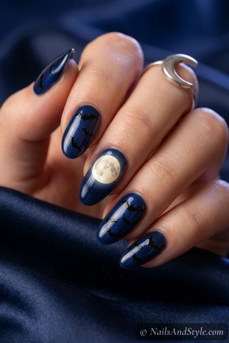 Navy nails with a cream full moon on one nail and black bats flying across the others