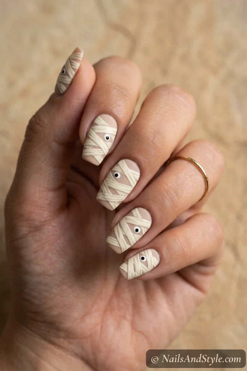 Beige nails with criss-crossed cream mummy bandage stripes and two small peeking eyes
