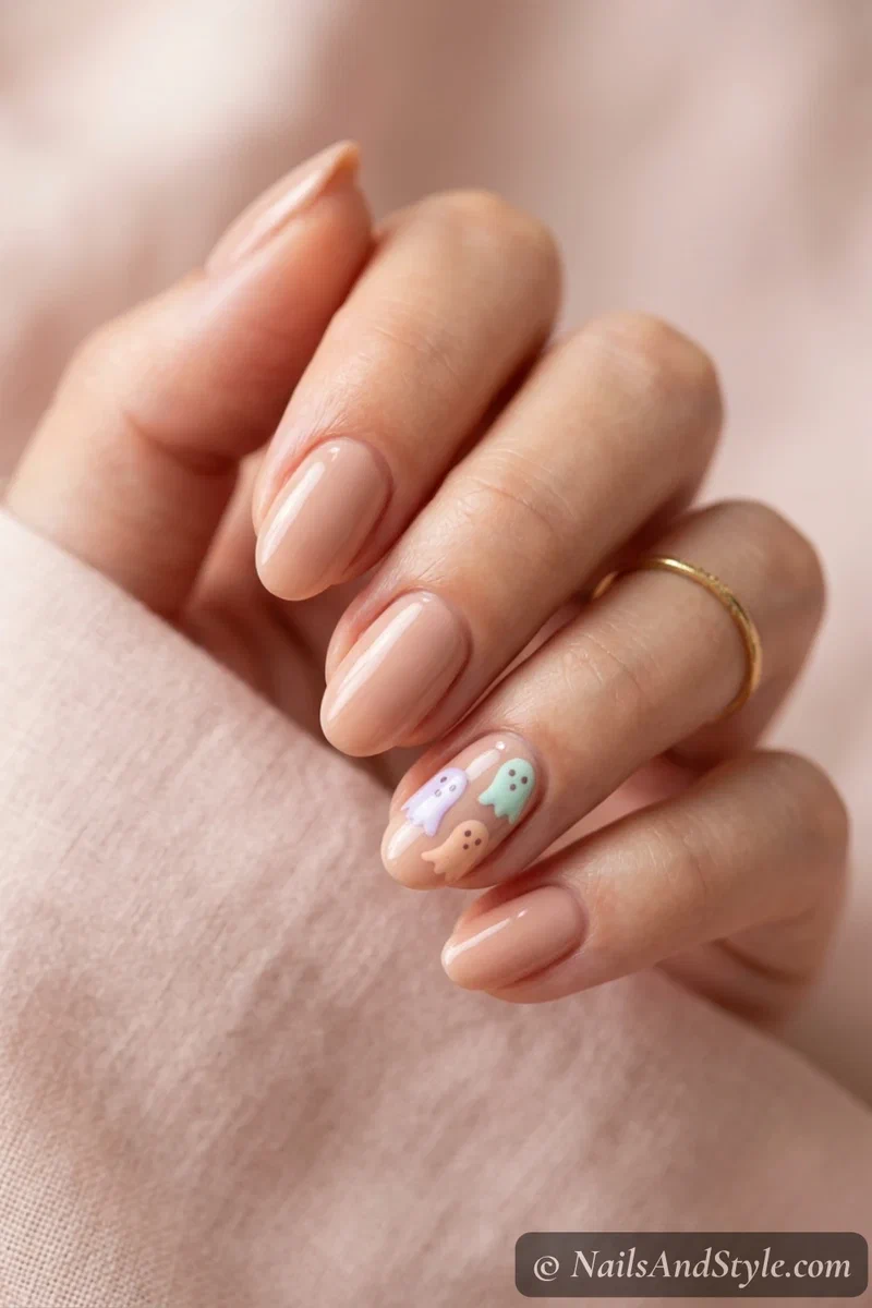 Nude nails with a trio of small pastel lilac, mint, and peach ghosts on an accent nail