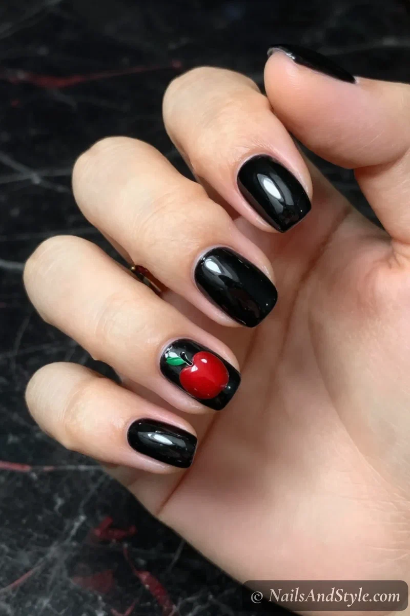 Dark nails with a glossy red poison apple, green leaf, and a shine highlight on an accent nail
