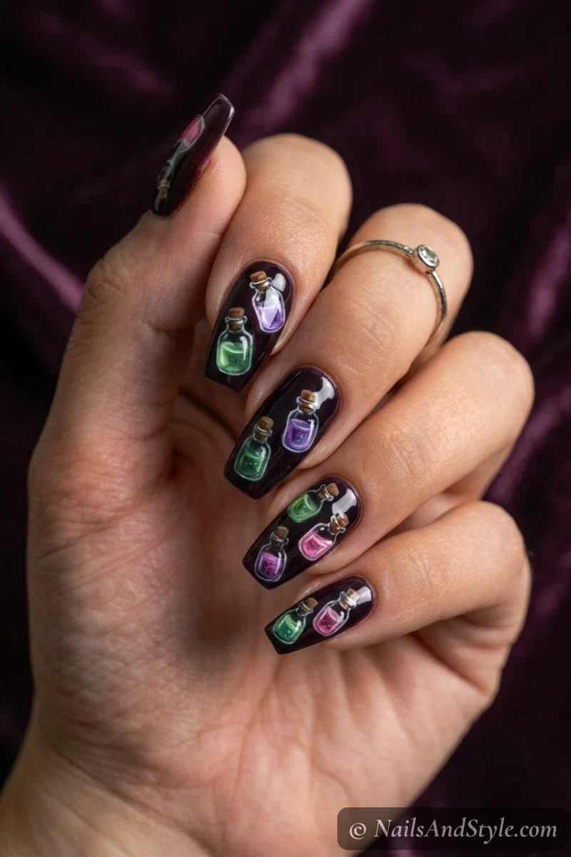 Dark nails with small hand-painted glass potion bottles filled with green, purple, and pink liquid