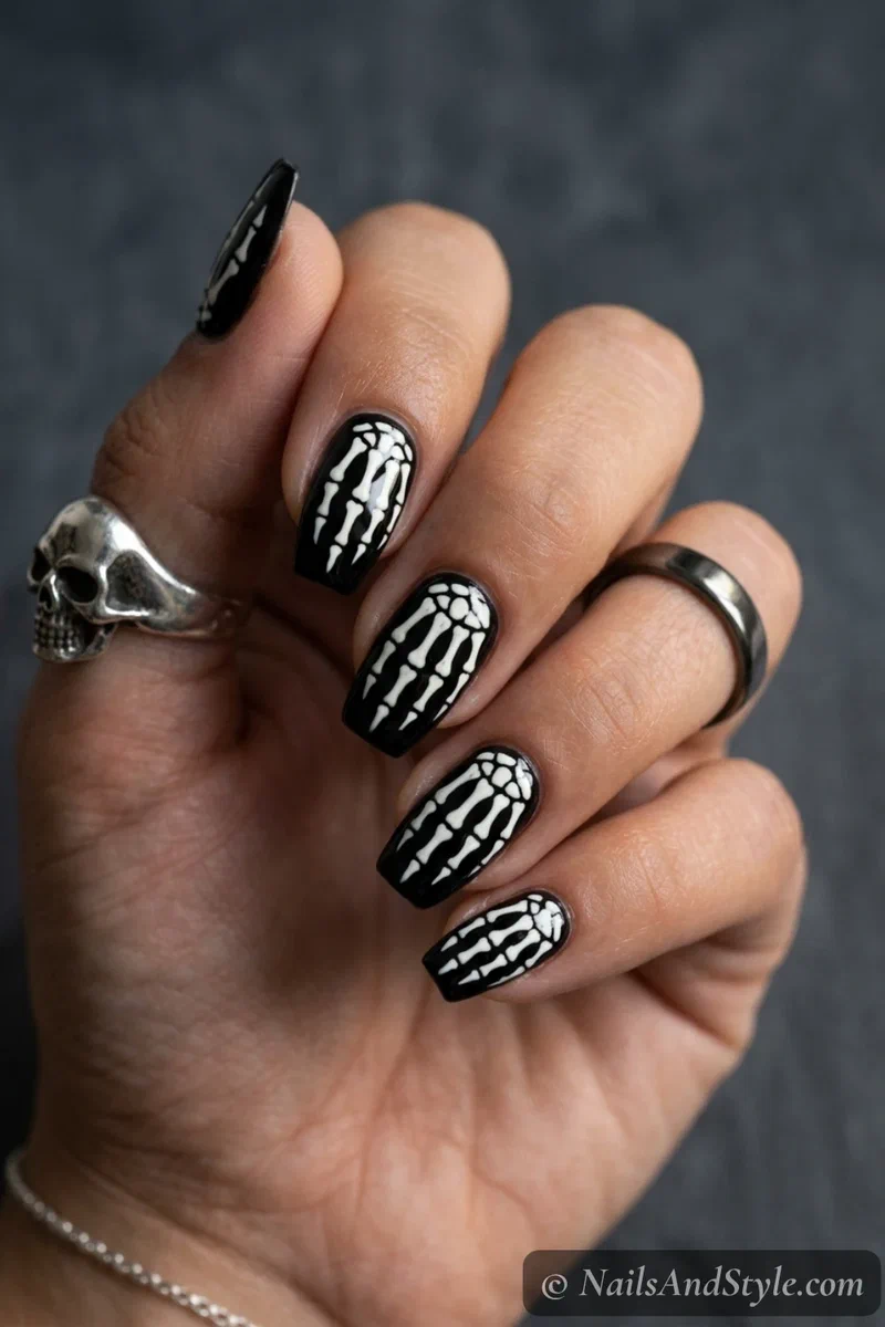 Black nails with white skeleton bone details painted to look like finger bones