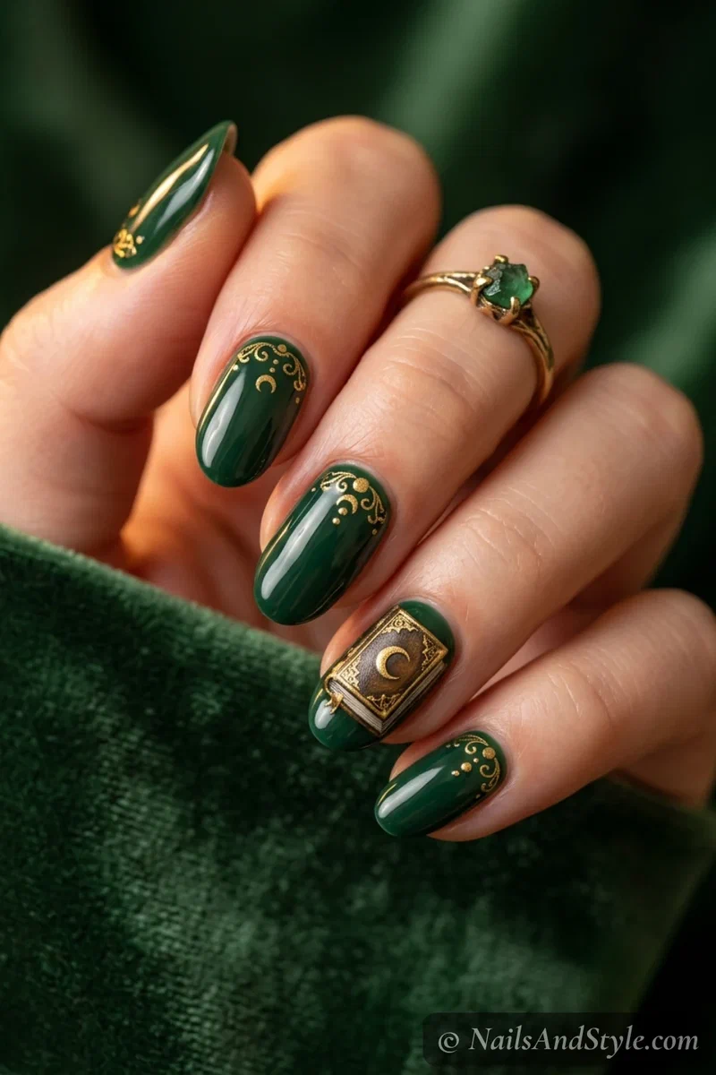 Deep green nails with an ornate spell book on an accent nail with a gold crescent moon emblem