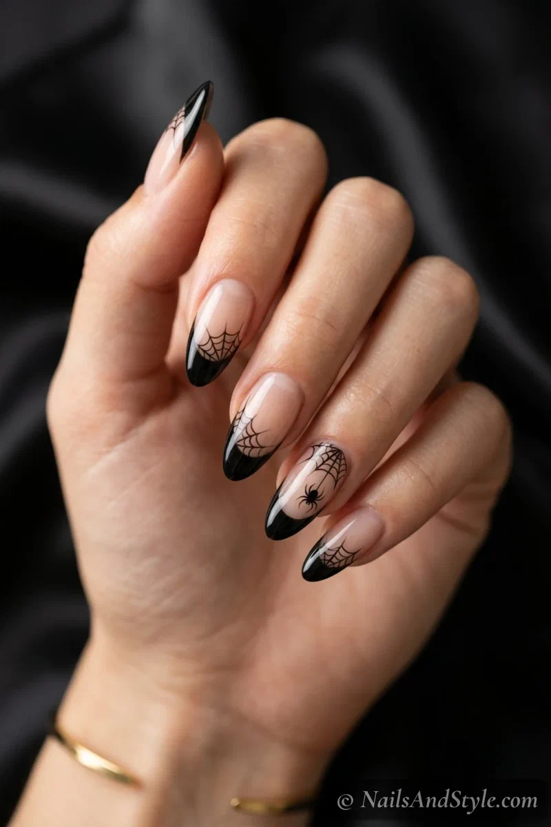 Sheer nails with black French tips and thin spider web lines crawling from the corners