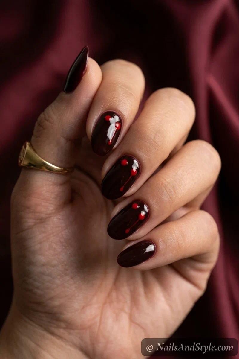 Dark oxblood nails with two small red vampire bite marks and a thin blood trickle