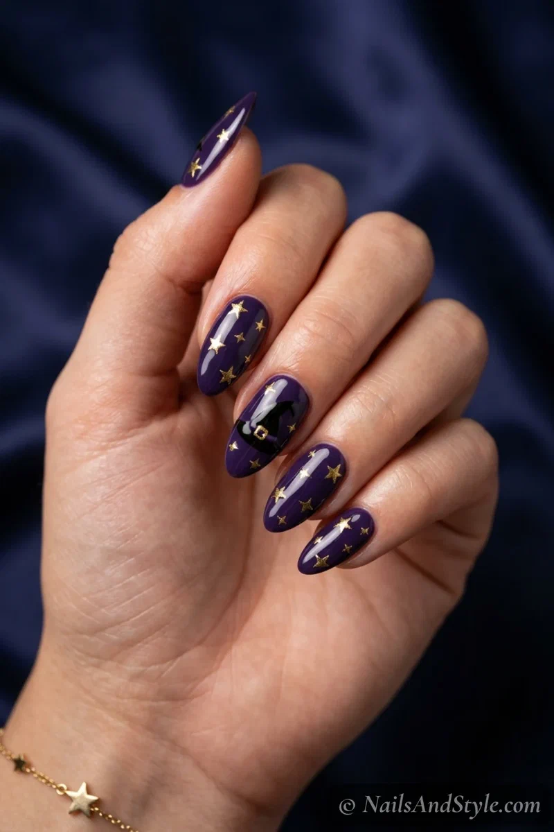 Midnight purple nails with a black witch hat and gold buckle on an accent nail