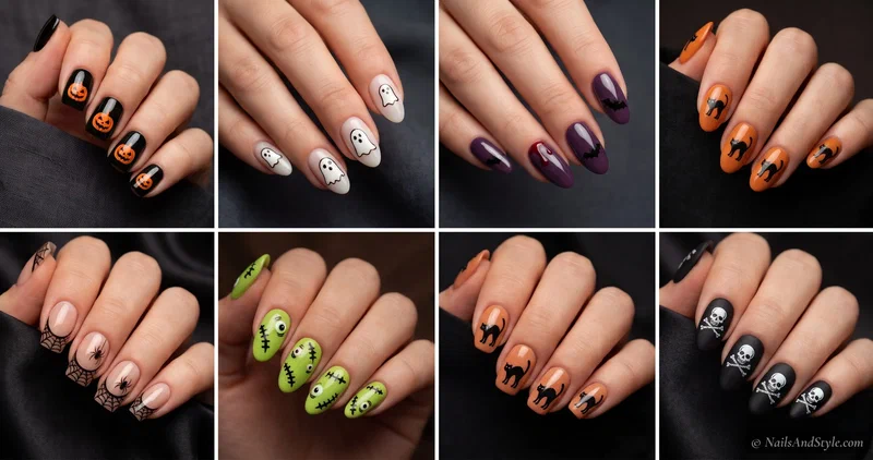 Collage of four Halloween nail sticker looks — cute white ghosts, black cats on orange, spider web French tips, and jack-o-lantern pumpkins on black