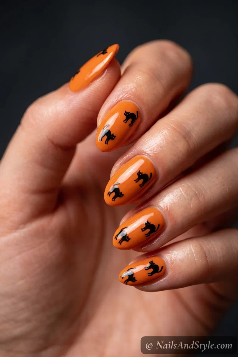 Vintage orange nails with black cat silhouette decals
