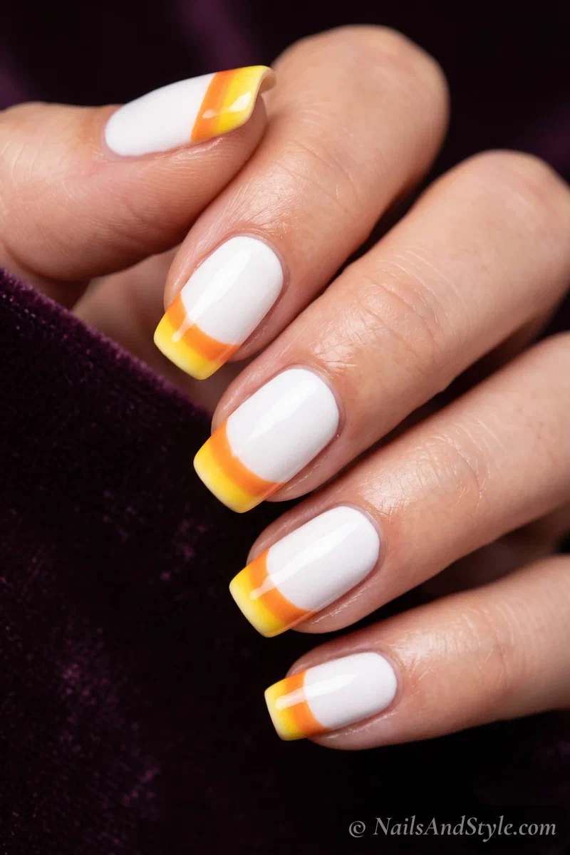 White nails with candy corn striped tip stickers in yellow, orange, and white