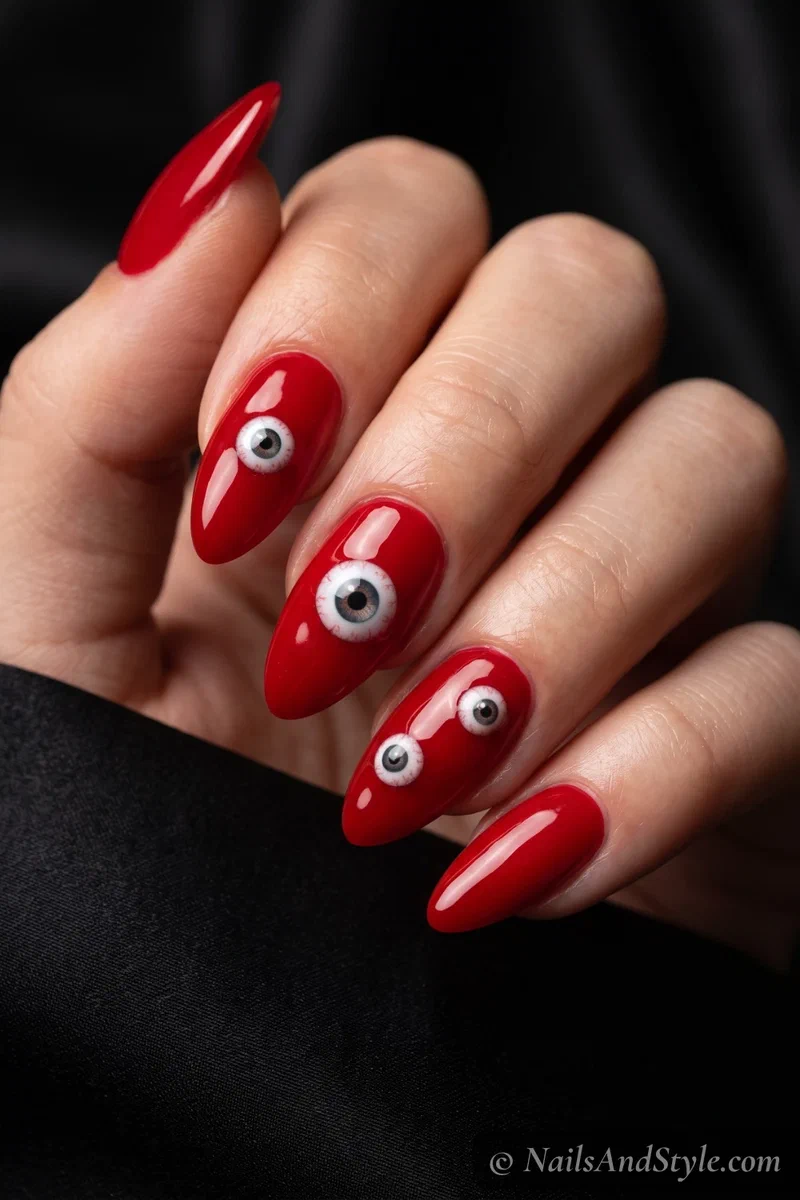 Blood red nails with realistic eyeball stickers and glossy finish