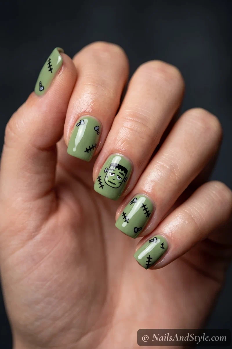 Green nails with black stitch decals and a Frankenstein face accent