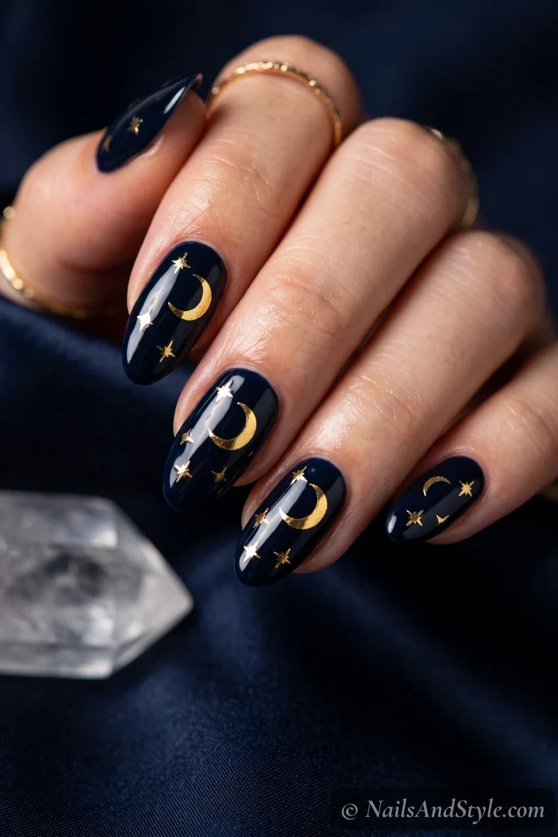 Deep navy nails with gold foil moon and star decals