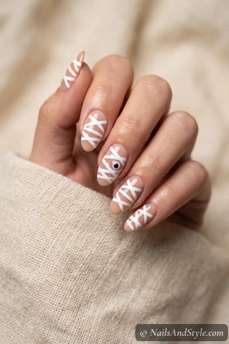 Nude nails with crisscrossed white mummy wrap decals and googly eye stickers