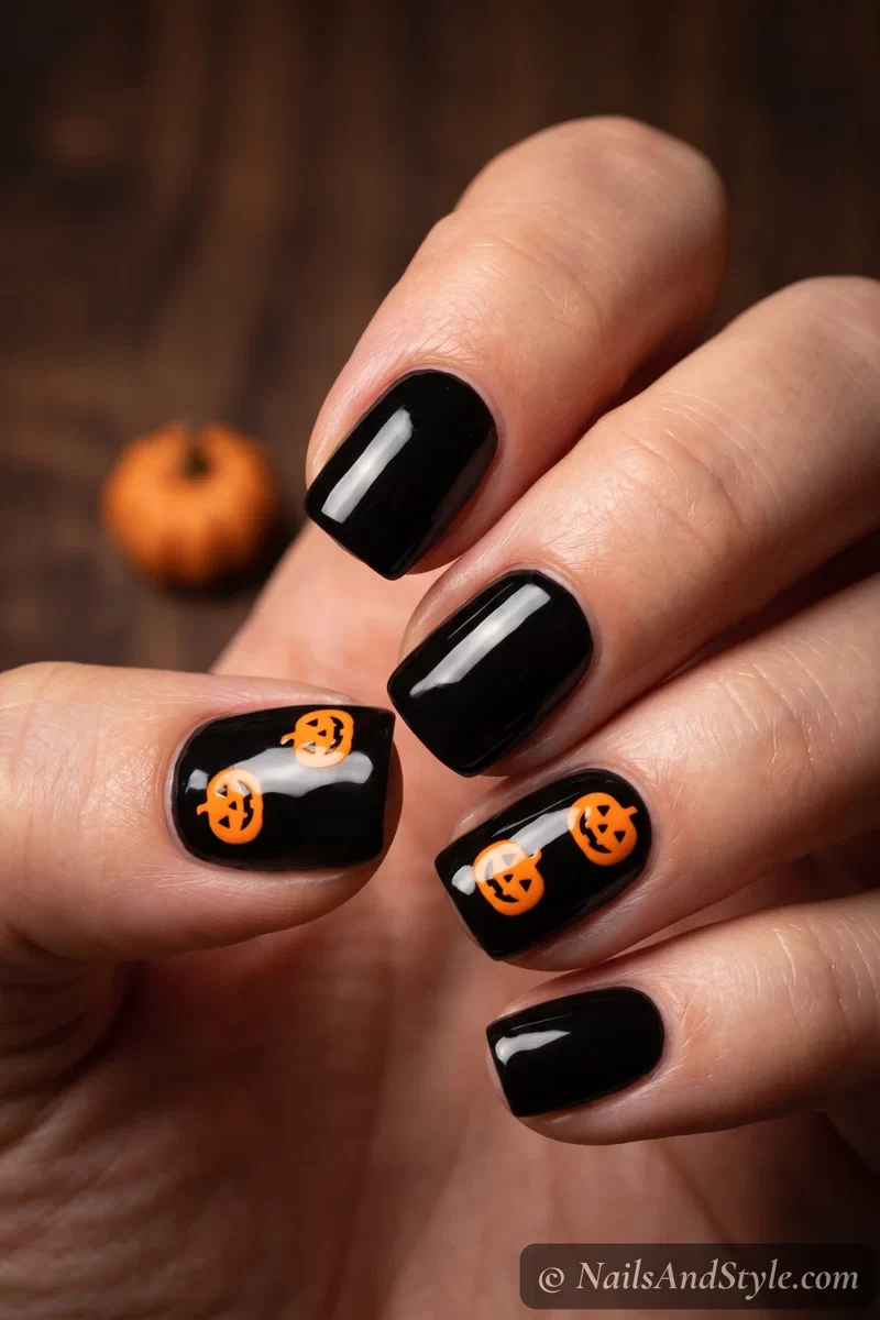 Glossy black nails with orange jack-o-lantern pumpkin decals