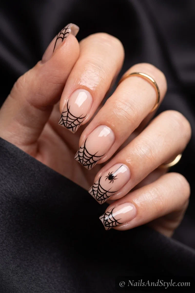 Nude nails with black spider web decals at the tips and a small spider accent