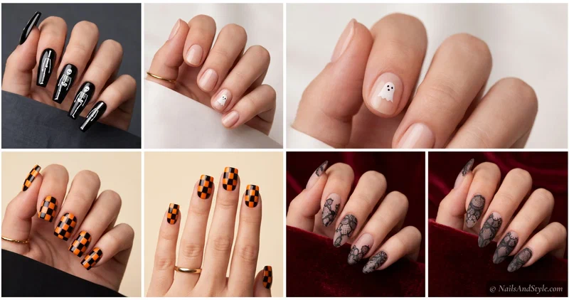 Elegant almond nails in glossy black with a fine gold crescent moon, held near the face