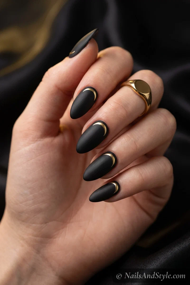 Almond nails in matte black with a fine gold crescent moon