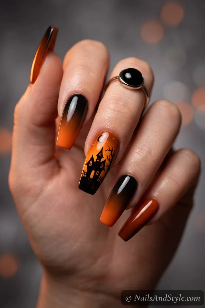 Long coffin nails with a black haunted house against an orange sky