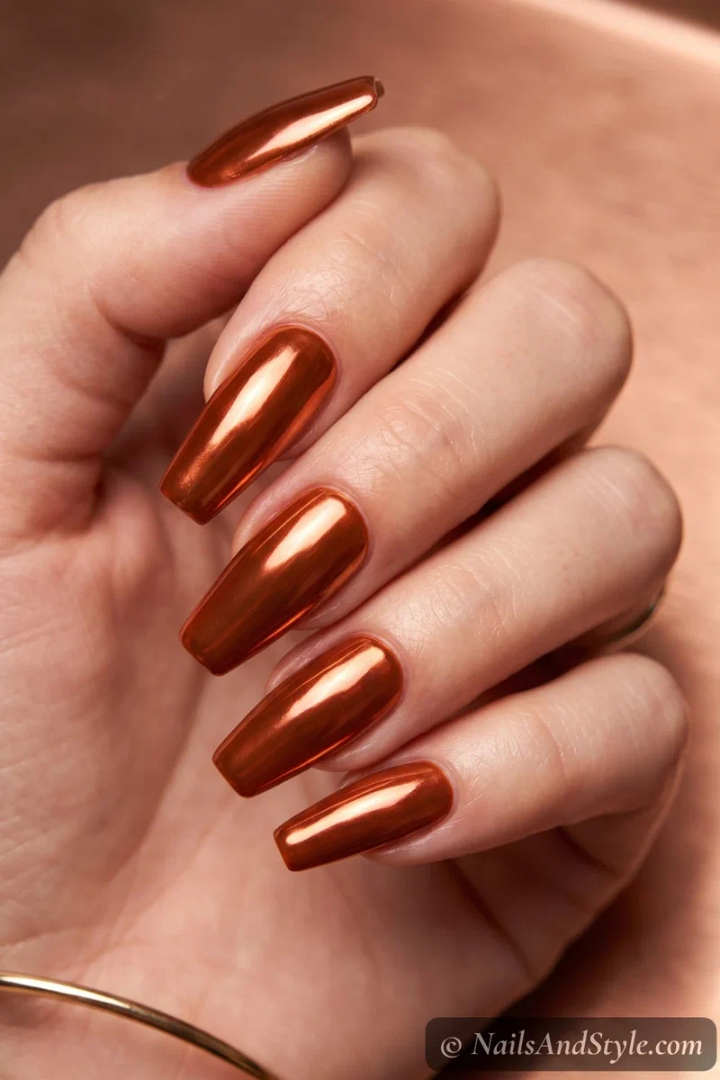 Long coffin nails in burnt orange mirror chrome