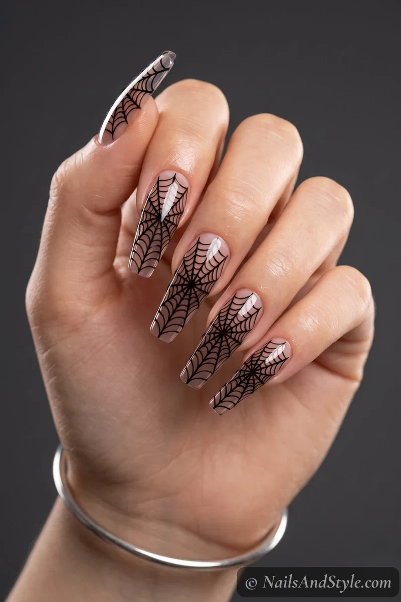 Long coffin nails with an intricate full black spider web