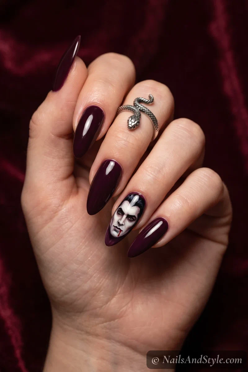 Long plum nails with a hand-painted vampire portrait accent