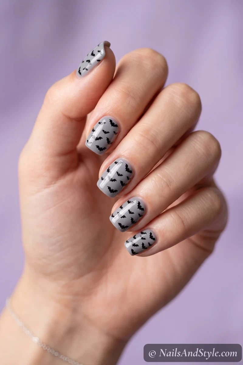 Short grey nails with tiny scattered black bats