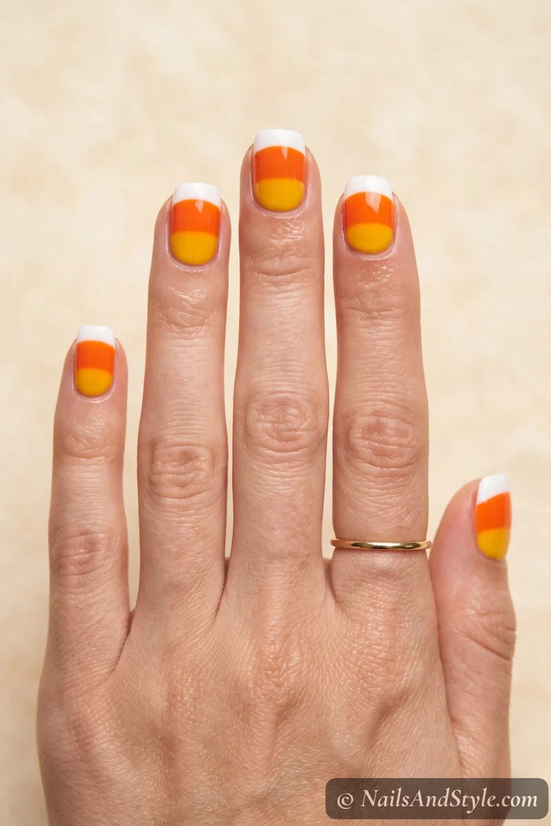 Short nails with candy corn striped tips in yellow, orange, and white