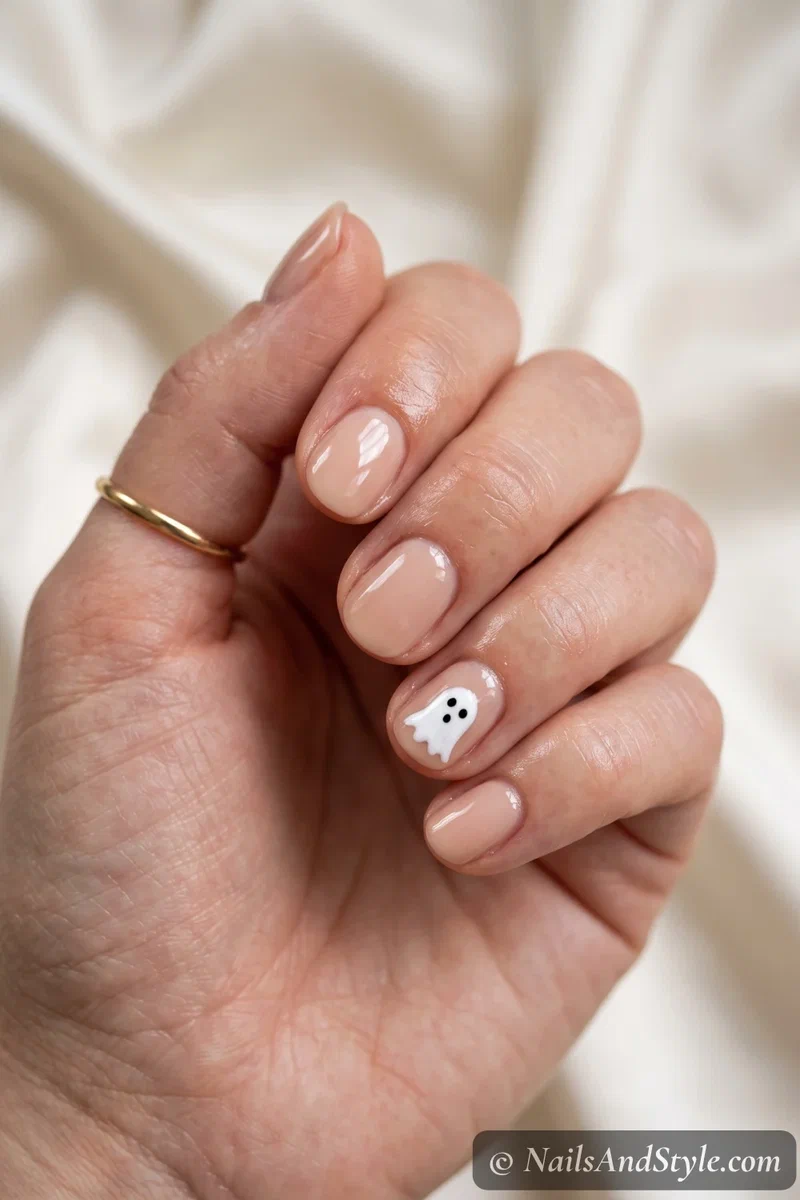 Short nude nails with a tiny white ghost on an accent nail
