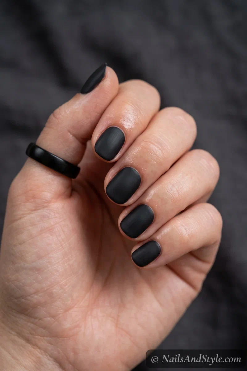 Short squoval nails in flat matte black