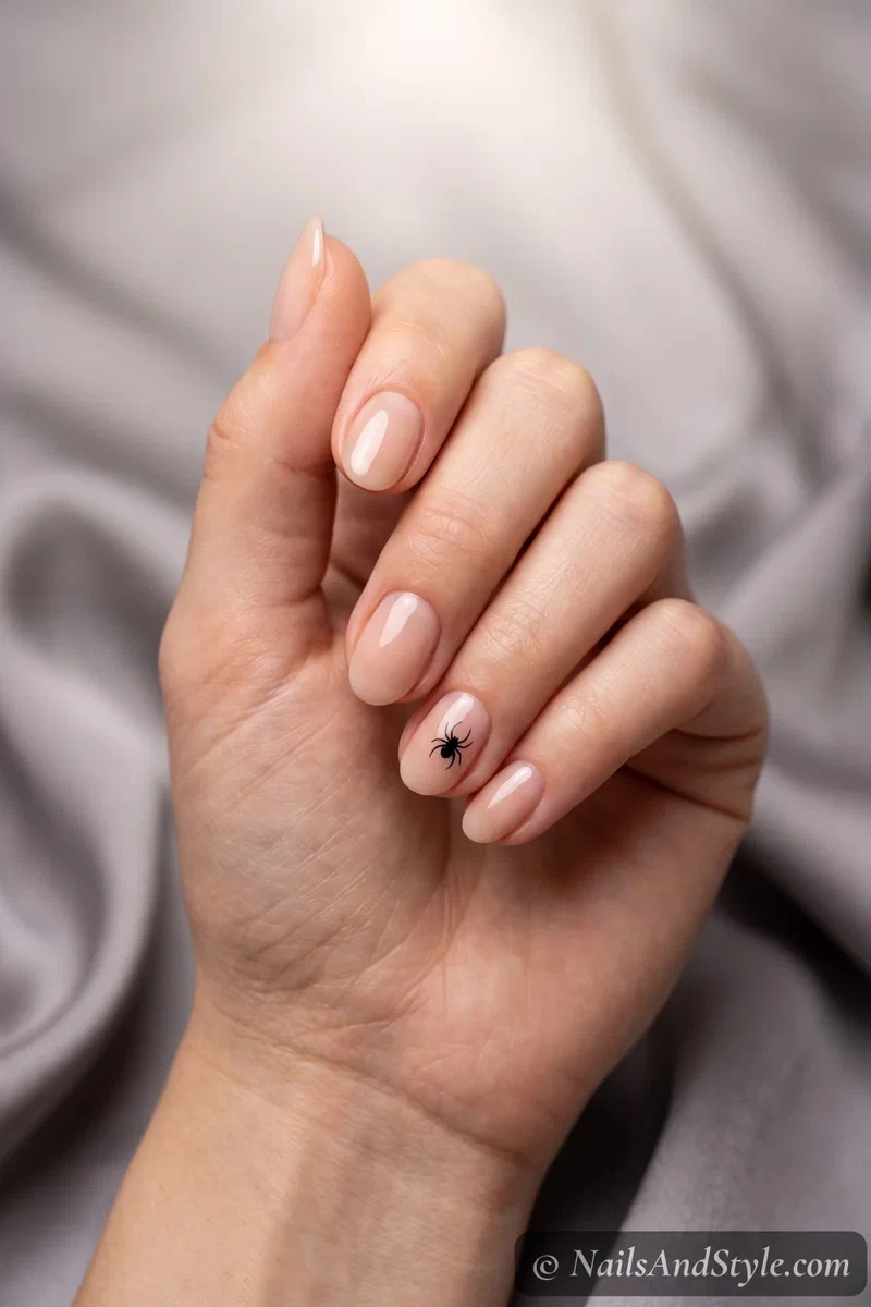 Short sheer nails with one small black spider accent