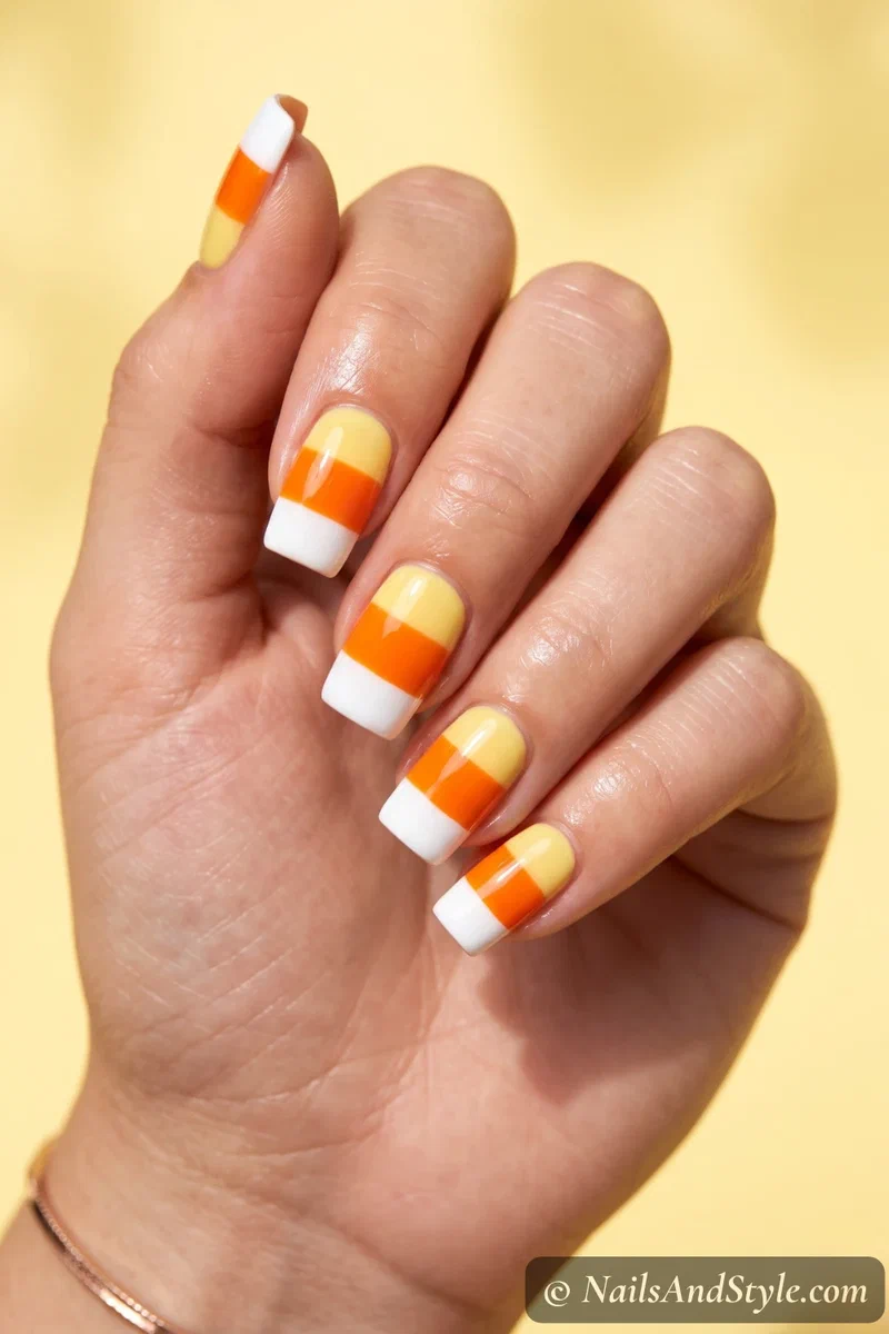 Square nails with bold candy corn color blocks